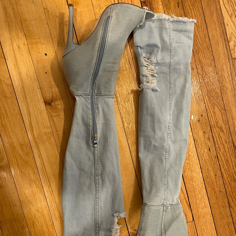 Thigh high light denim boots